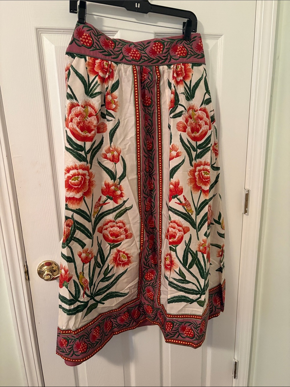 FARM Rio Cream Midi Skirt with Coral Floral Embroidery